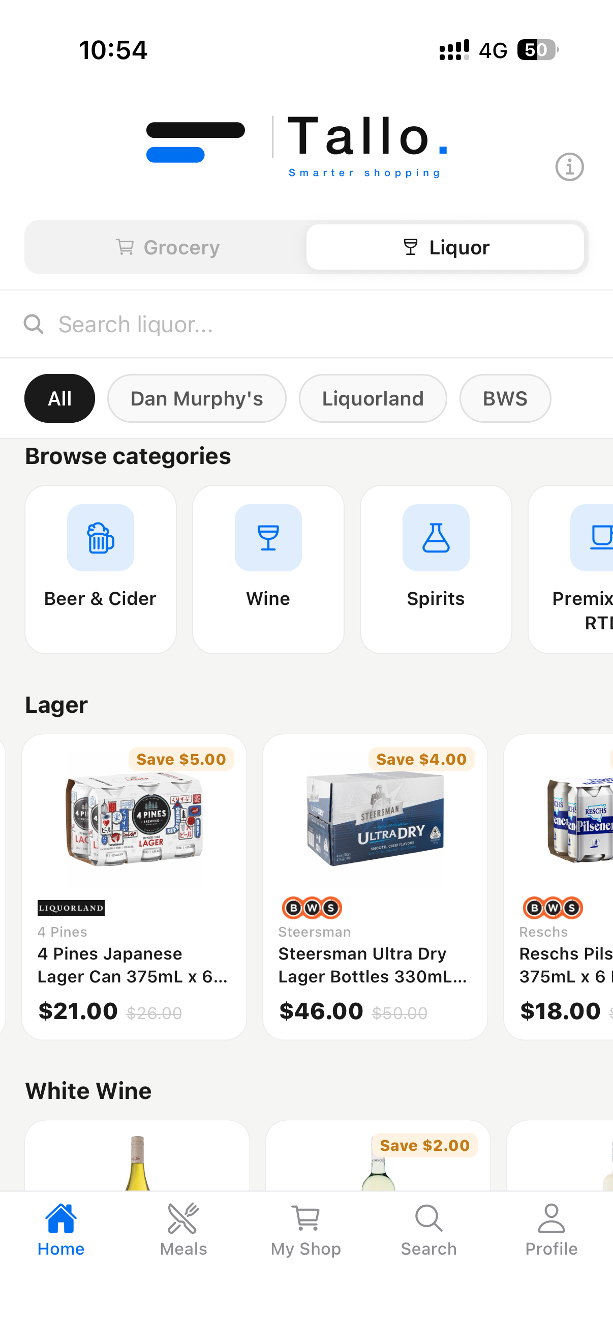 Tallo liquor screen showing prices across liquor retailers