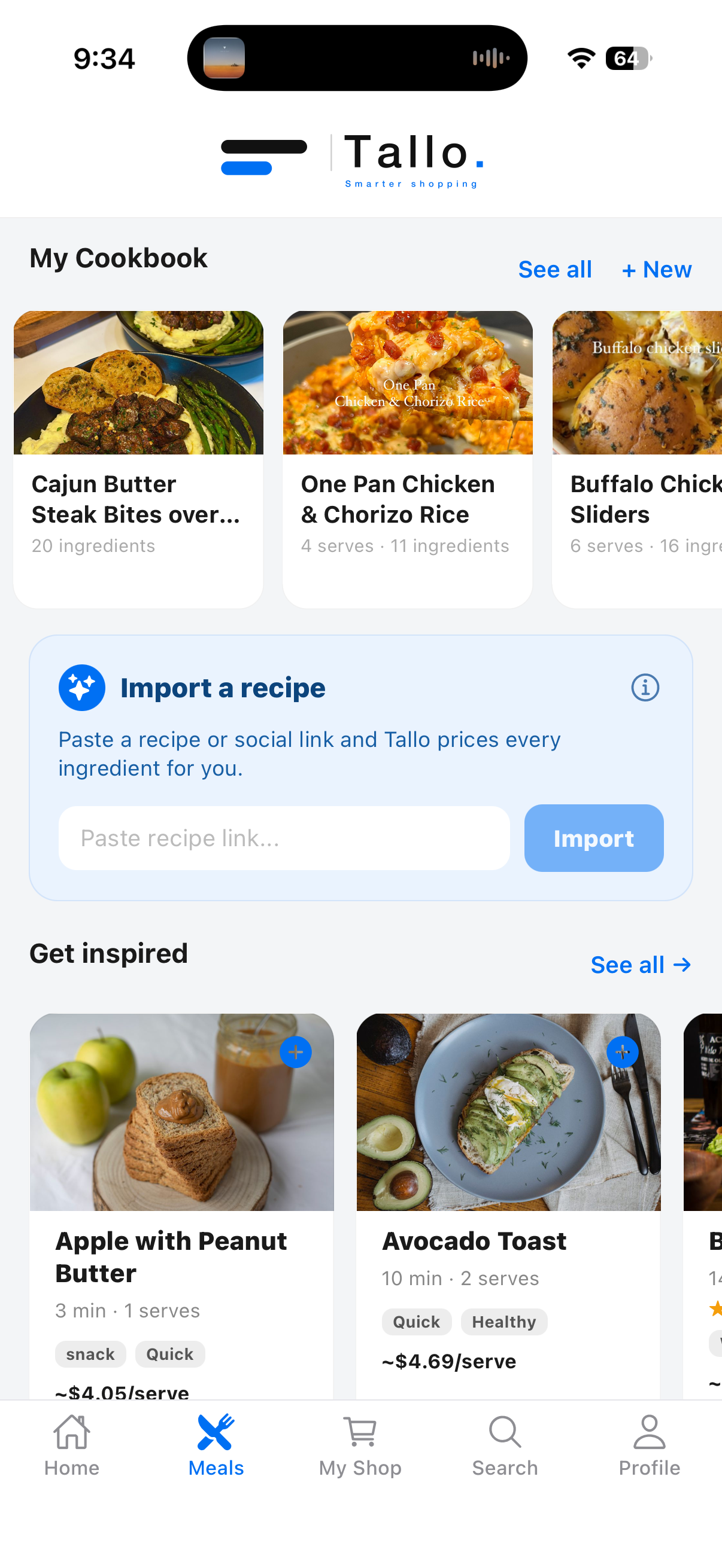 Tallo screen for importing a recipe link